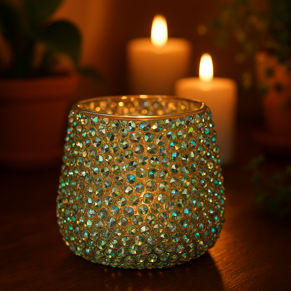 Theelichthouder glas met kralen multicolor/groen. (2de 30% korting)