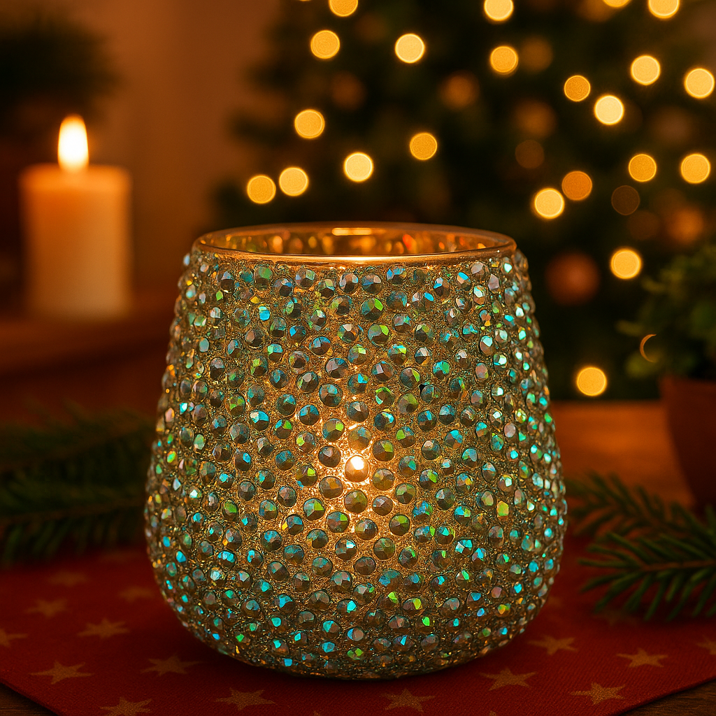 Theelichthouder glas met kralen multicolor/groen. (2de 30% korting)