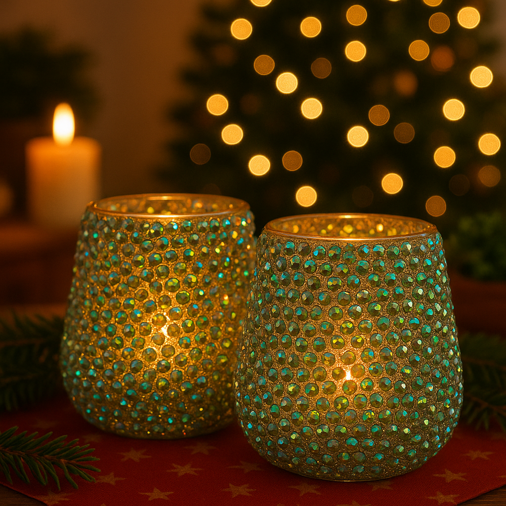 Theelichthouder glas met kralen multicolor/groen. (2de 30% korting)