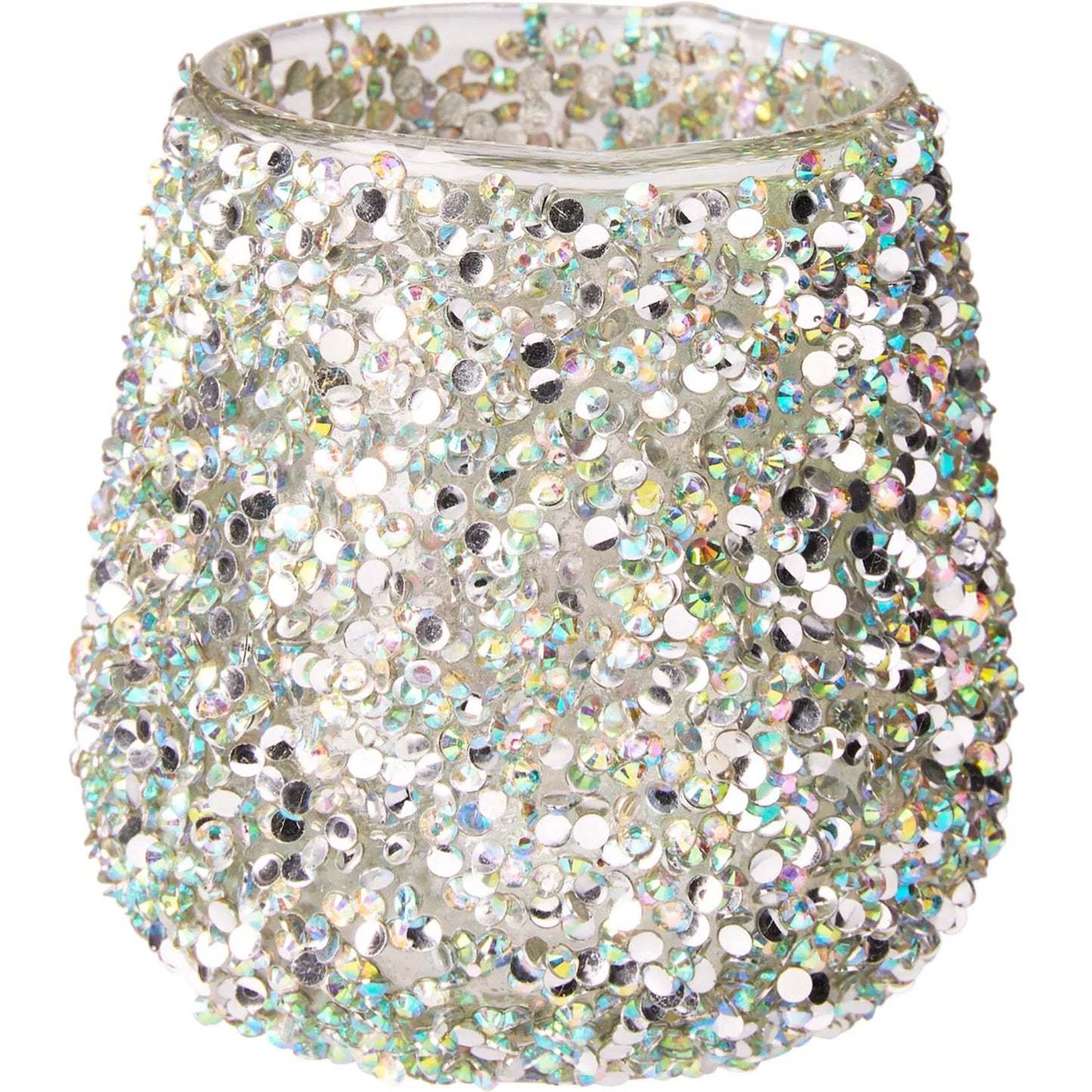 Theelichthouder glas met kralen multicolor/groen. (2de 30% korting)